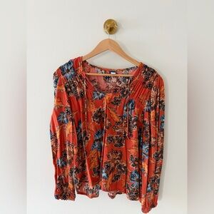 Old Navy Rust Floral Long Sleeve Peasant Top with Blue Accents